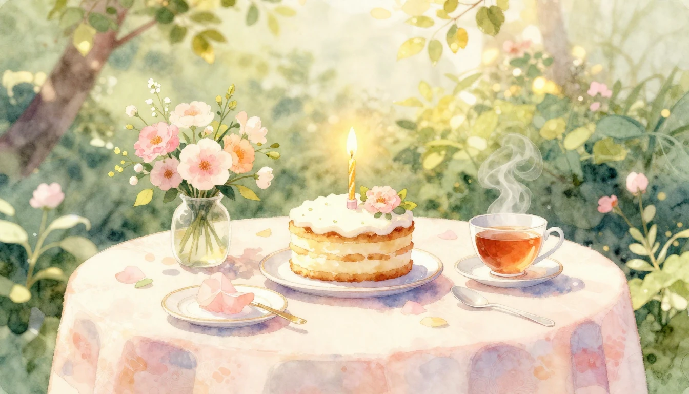 A beautiful watercolor painting of a sunlit garden table dec...
