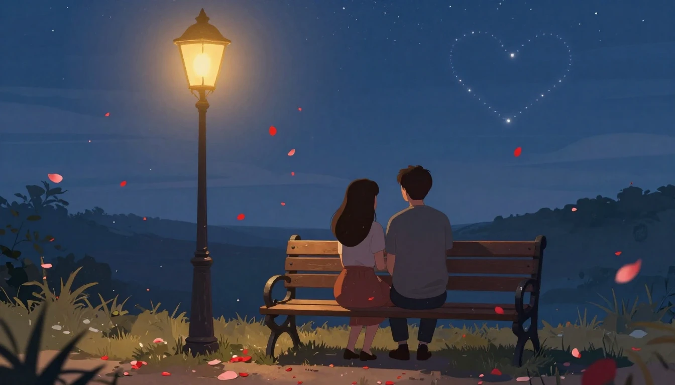 A romantic illustration of a couple sitting on a vintage woo...