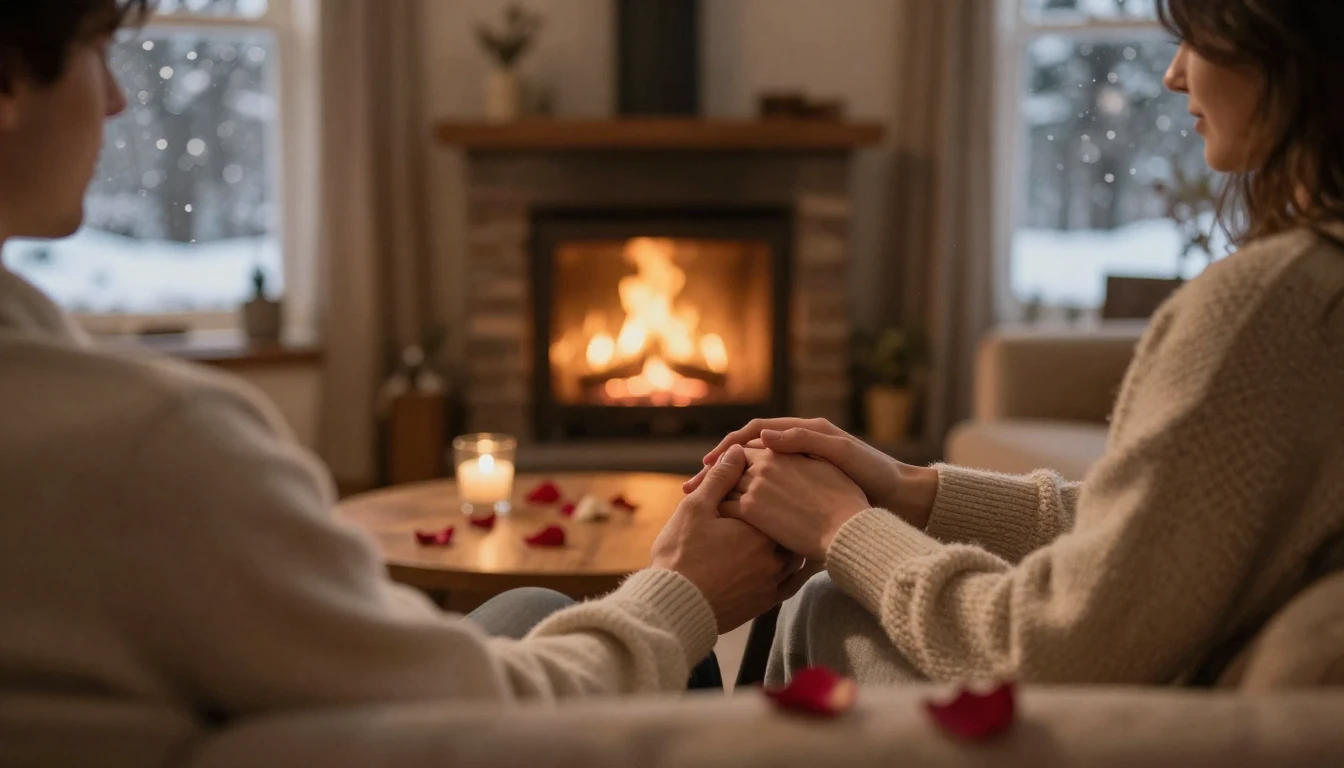 A warm and romantic scene inside a cozy living room during w...