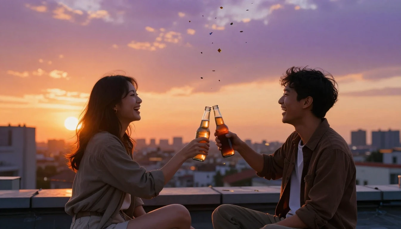 A warm and nostalgic scene of two friends sitting on a rooft...