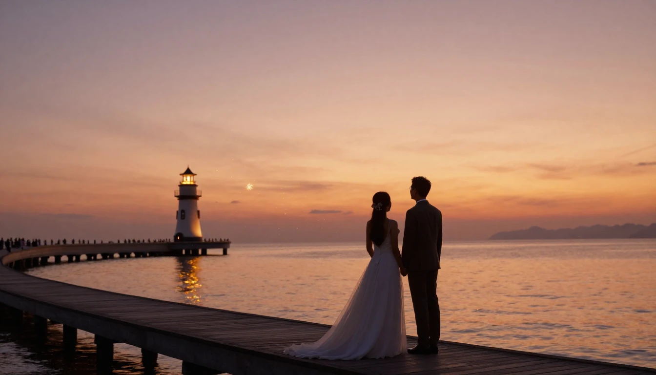 A romantic and atmospheric image of a newlywed couple standi...