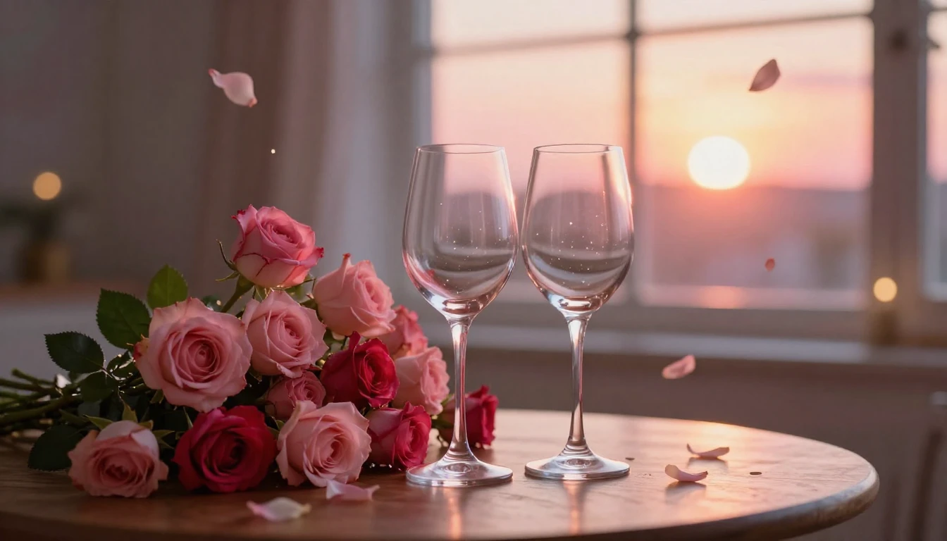 A delicate scene featuring two elegant wine glasses sitting ...