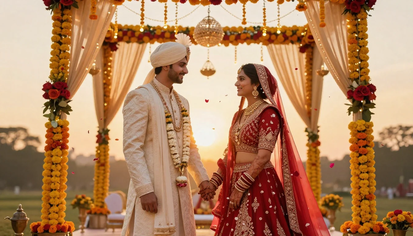 A vibrant digital artwork depicting a newlywed Indian couple...