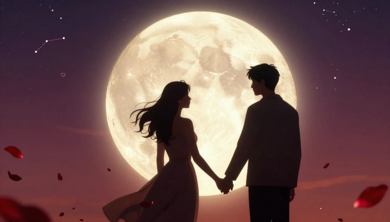 A romantic cinematic scene of a couple silhouette holding ha...