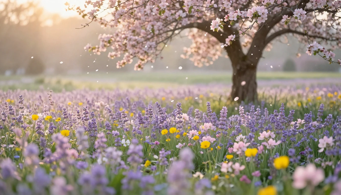 A serene landscape of a vast spring meadow at dawn. Soft-foc...