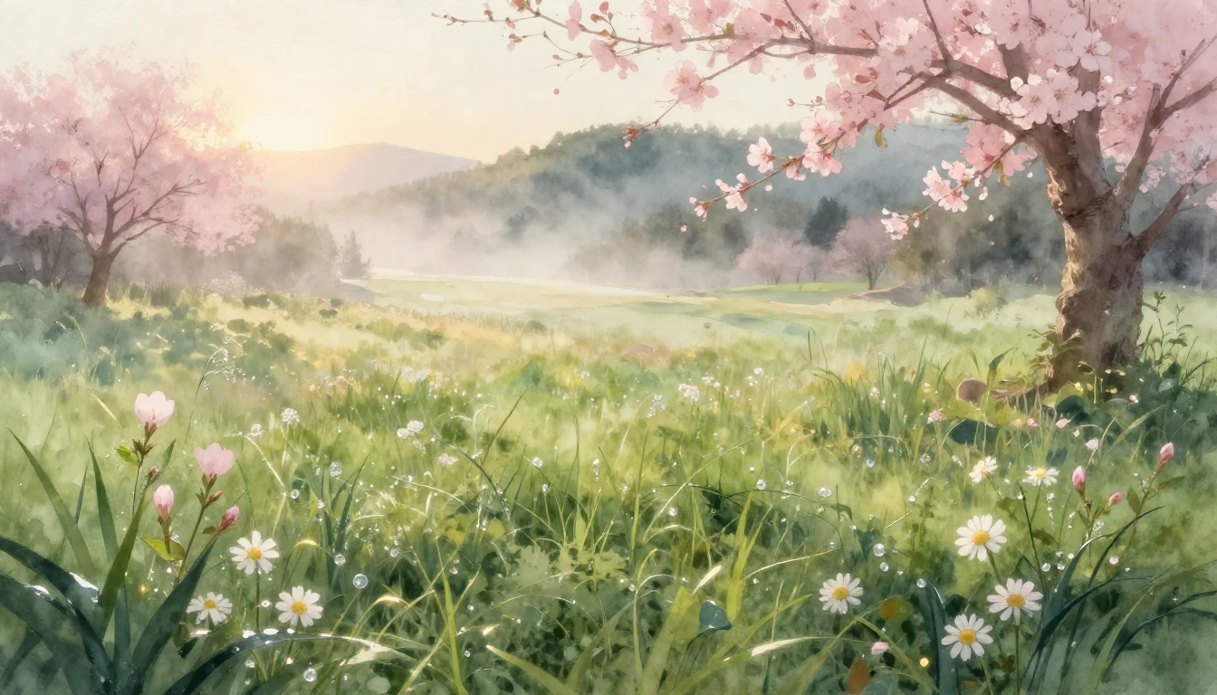 An ethereal watercolor painting of a lush green meadow at su...