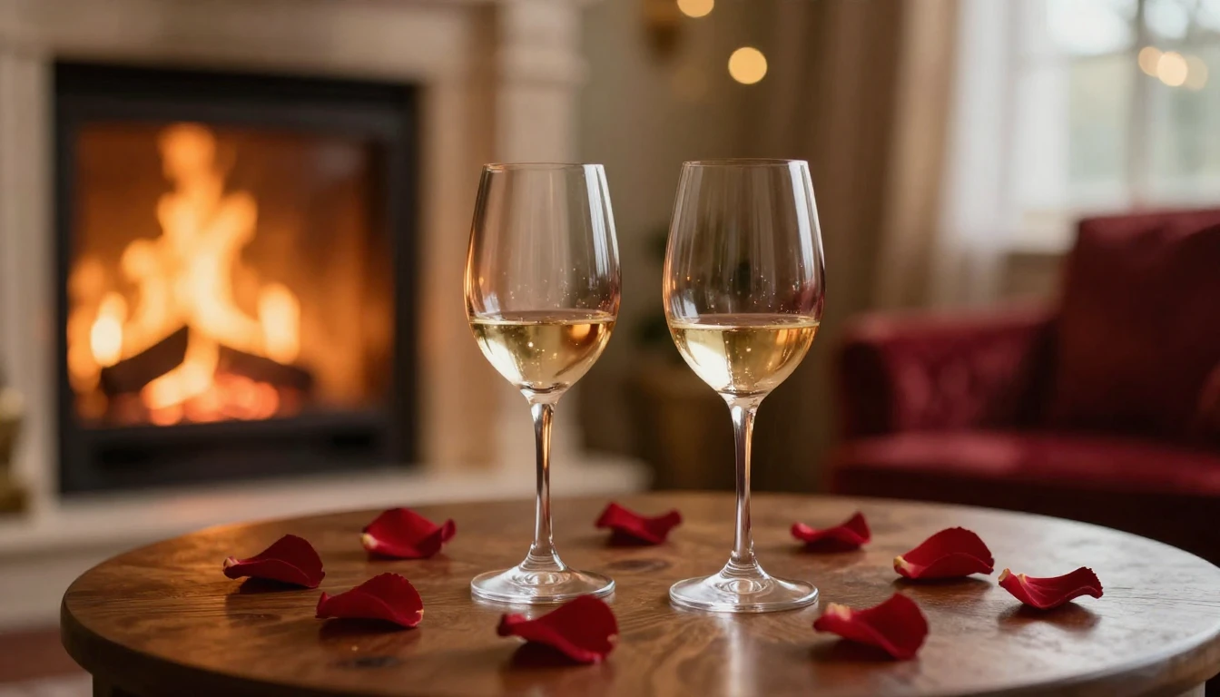 A serene and romantic scene featuring two elegant glasses on...