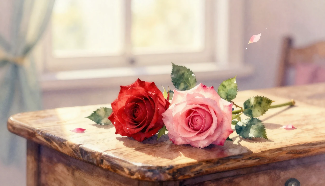 A delicate watercolor painting of two intertwined red and pi...