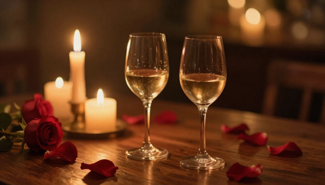 A dreamy, romantic scene featuring two elegant wine glasses ...