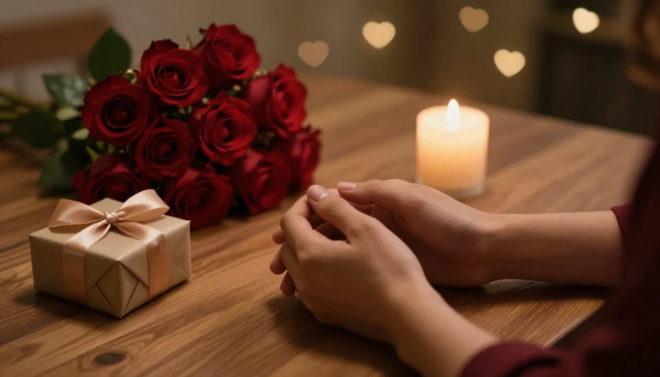 A romantic and intimate scene featuring a cozy wooden table ...