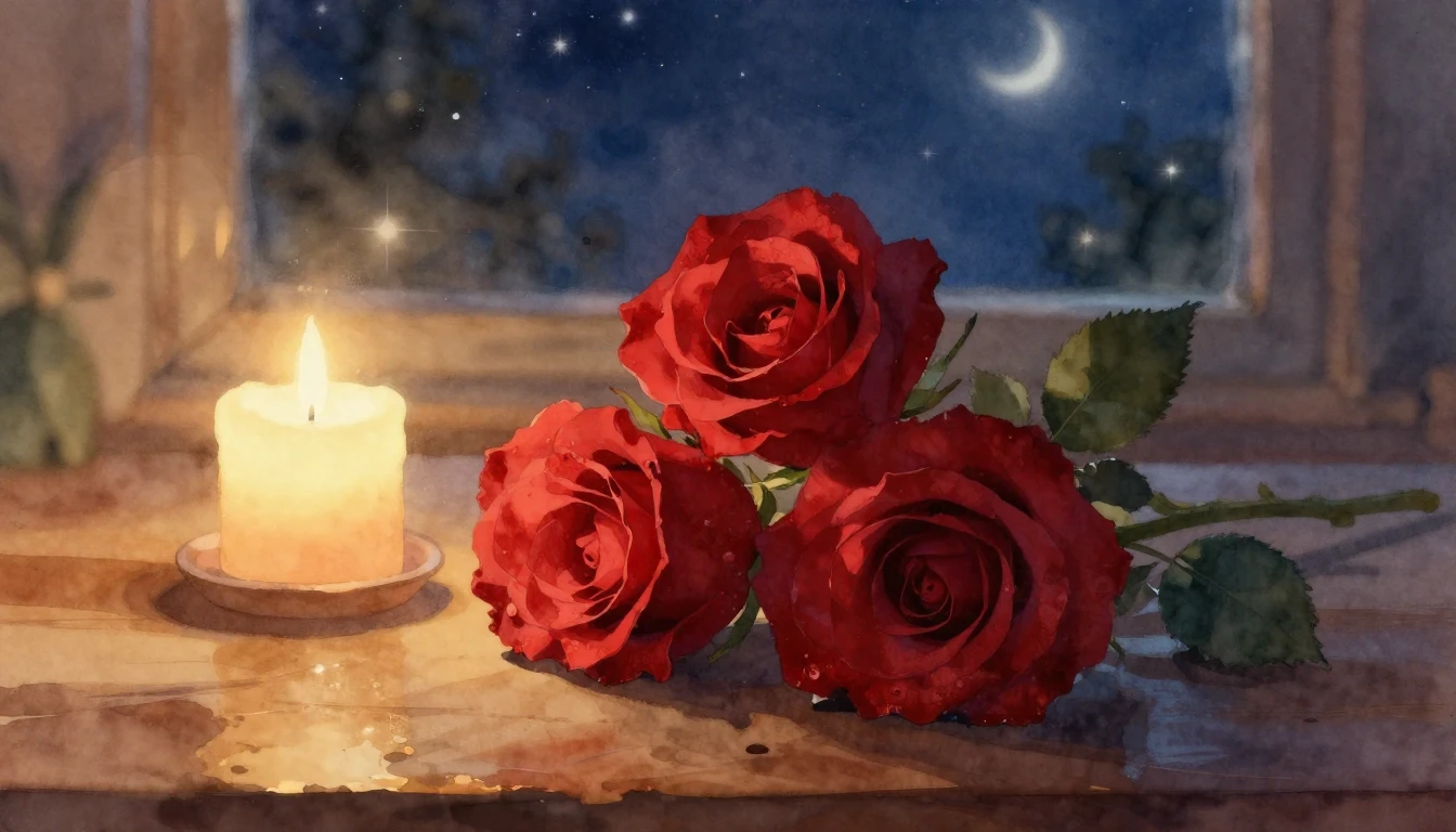 A beautiful watercolor painting of two delicate red roses in...