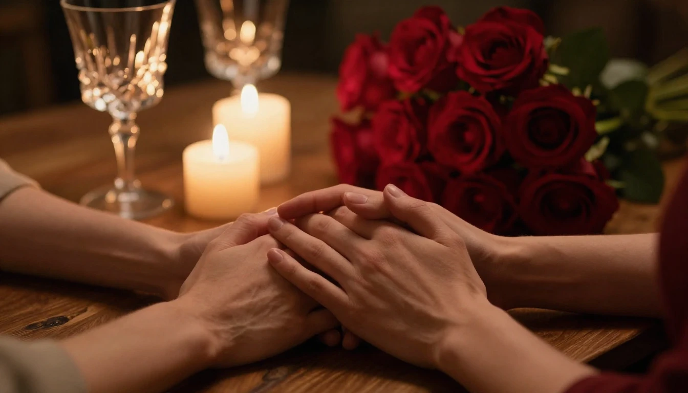 A close-up, cinematic shot of two hands holding each other g...