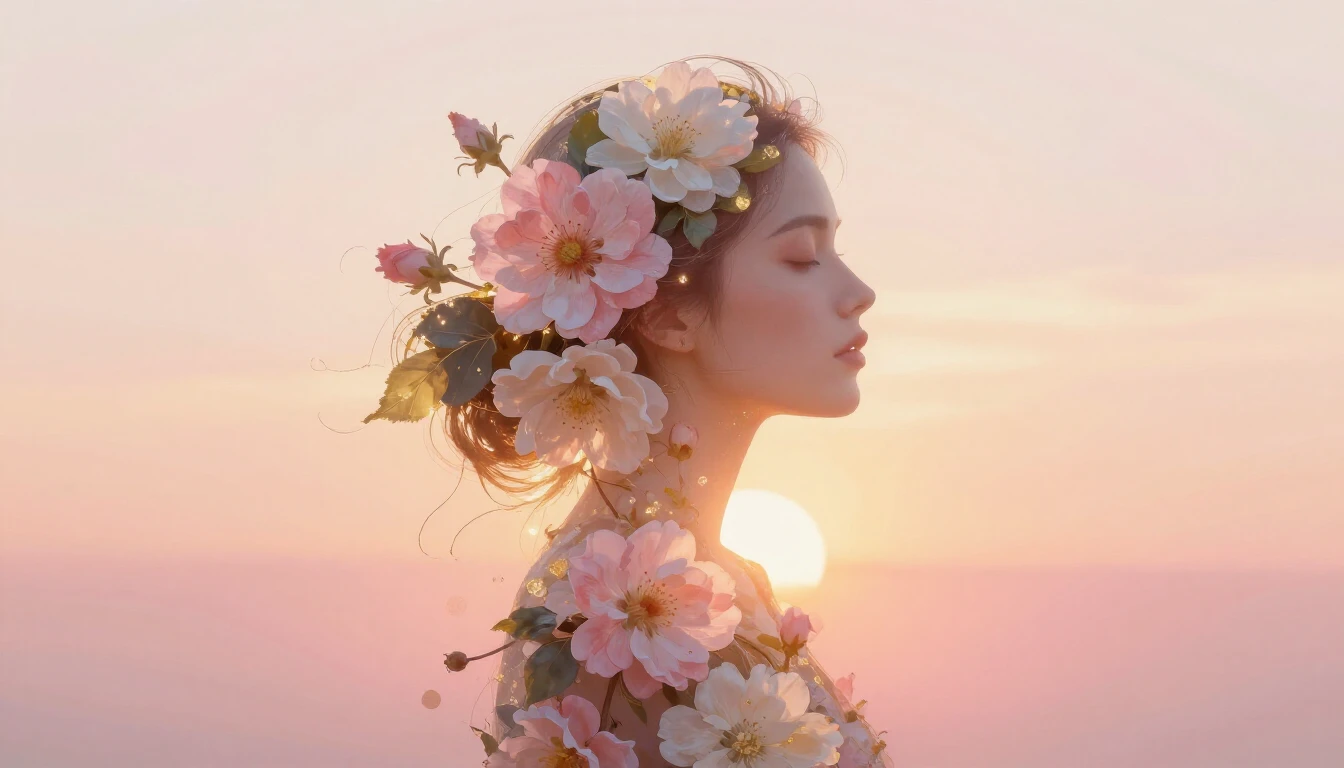 A soft and elegant artistic composition featuring a stylized...