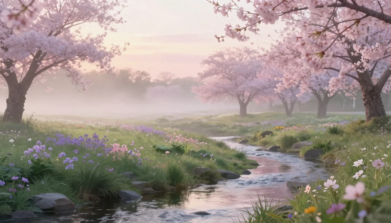 A serene landscape of a blooming meadow during a soft sunris...