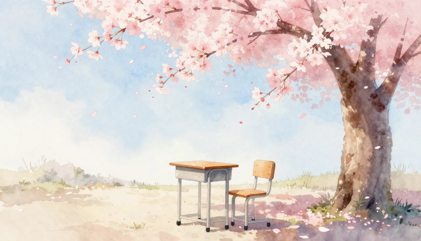 A serene watercolor painting of a cherry blossom tree in ful...