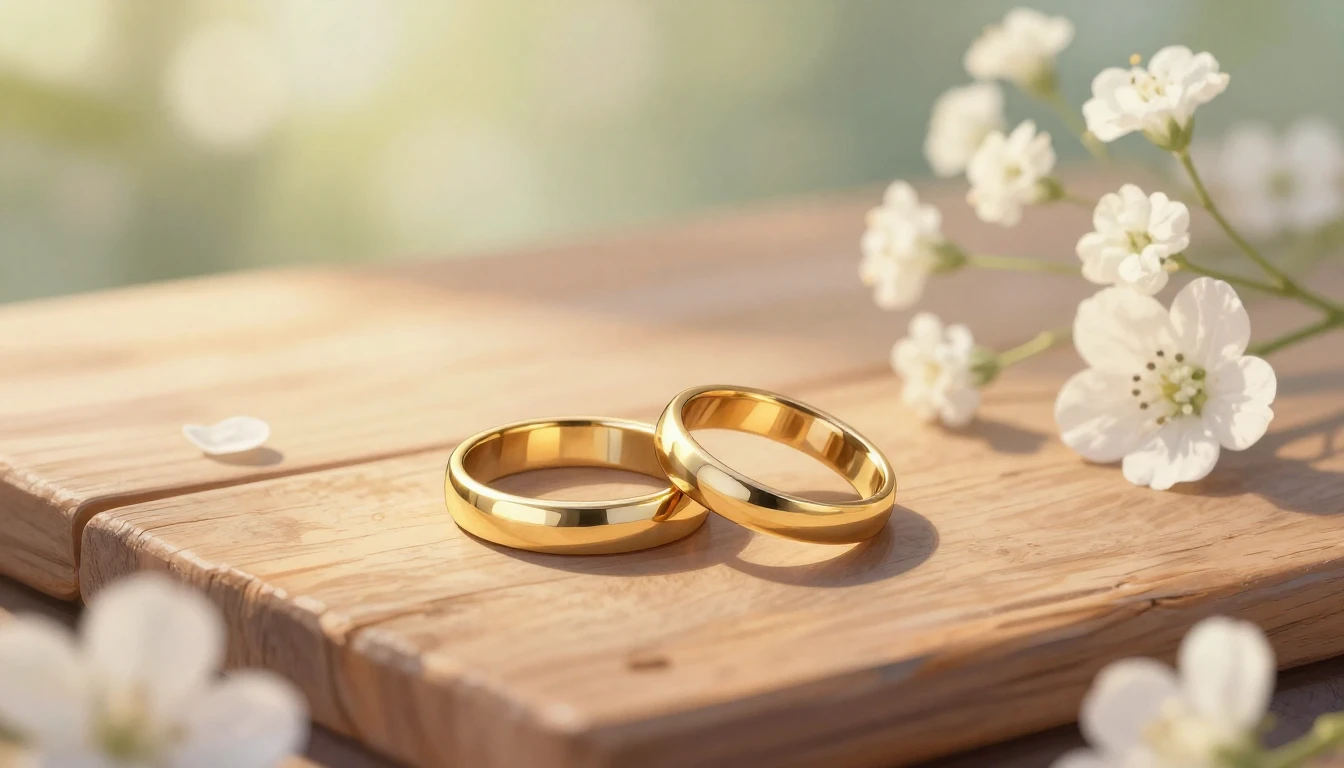 A warm and romantic close-up illustration of two golden wedd...