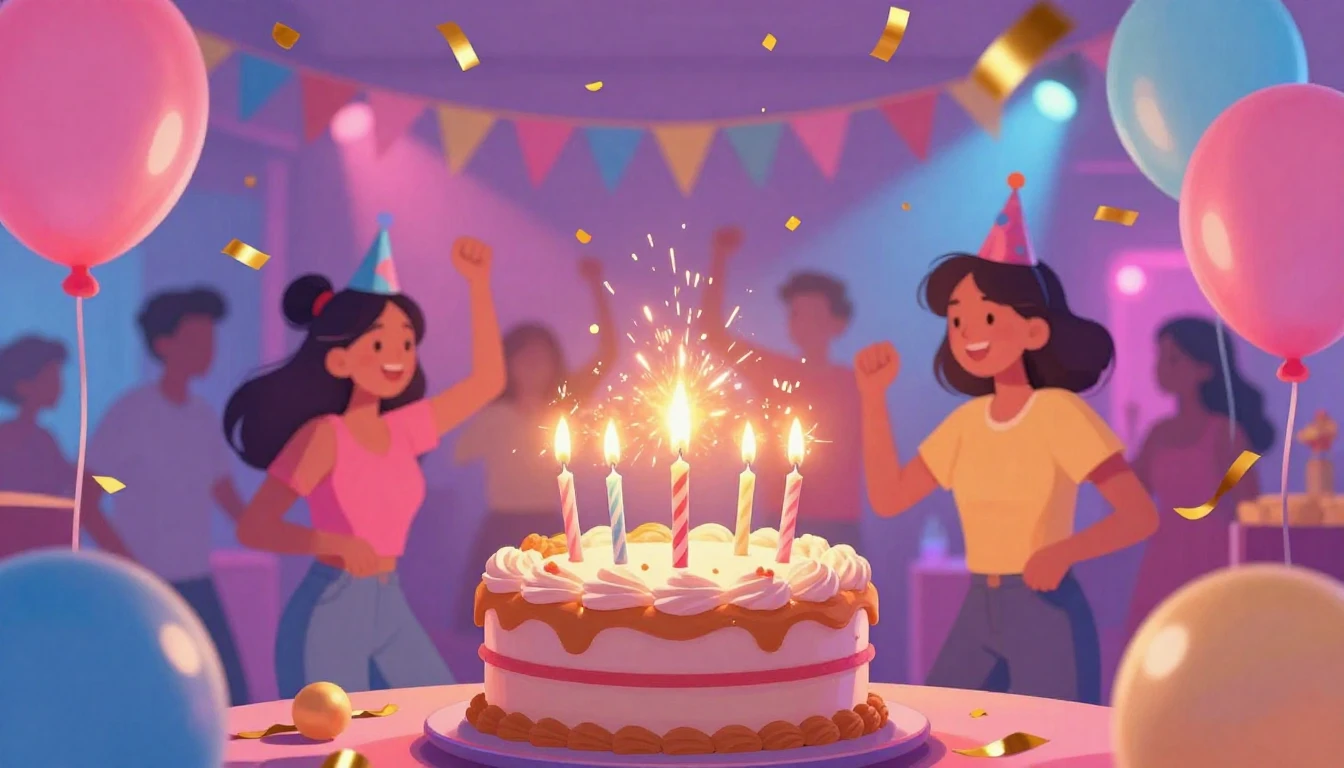 A vibrant and colorful birthday party scene, digital art sty...
