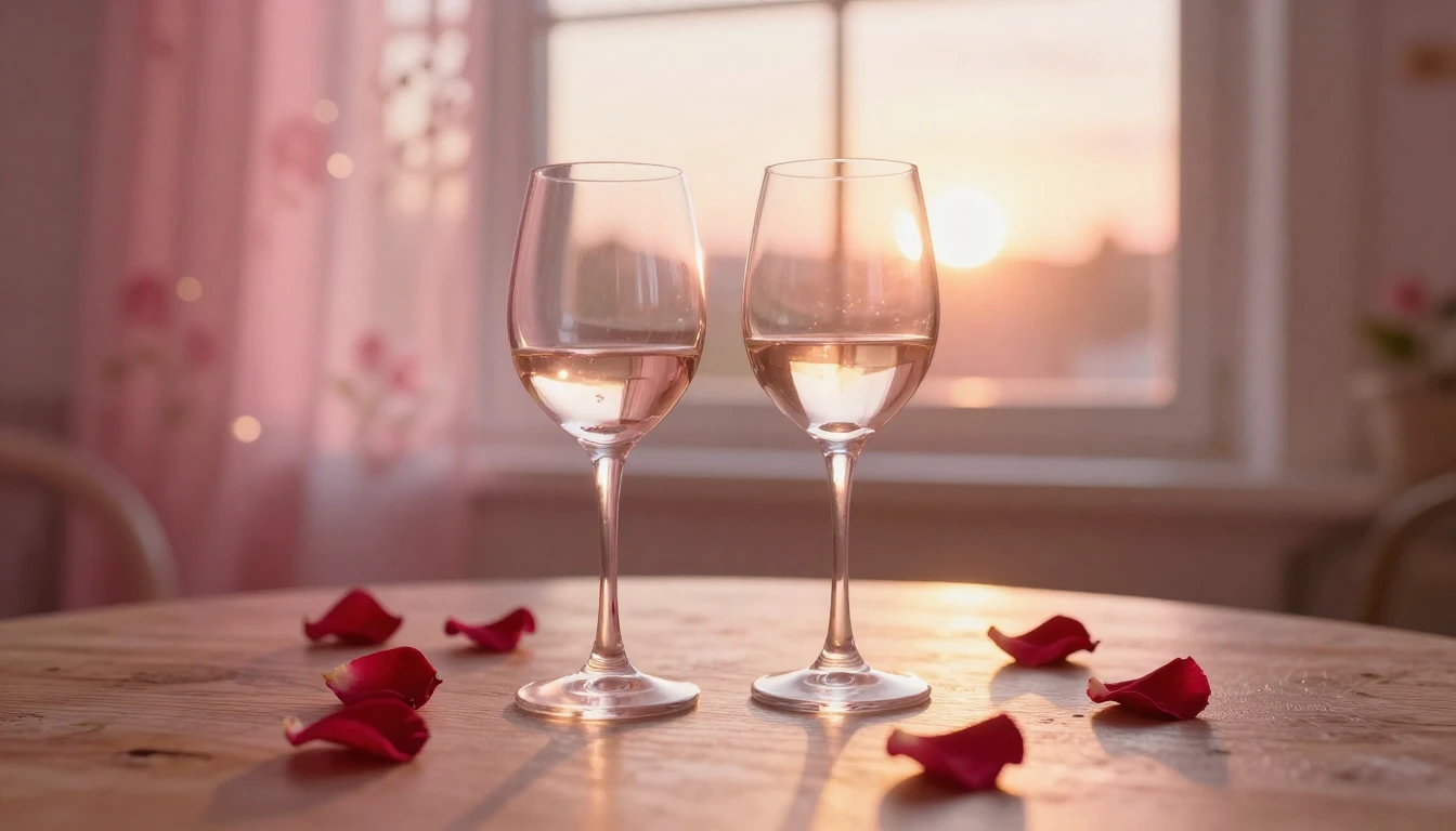 A soft and dreamy scene featuring two elegant wine glasses o...