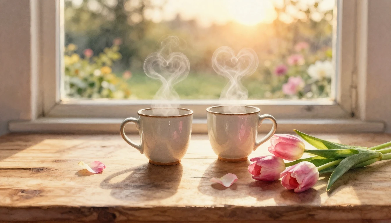 A soft watercolor painting of a cozy wooden table by a windo...