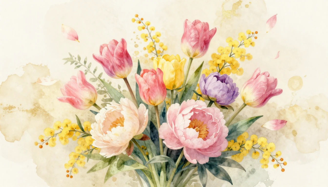 A beautiful watercolor painting of a lush bouquet of spring ...