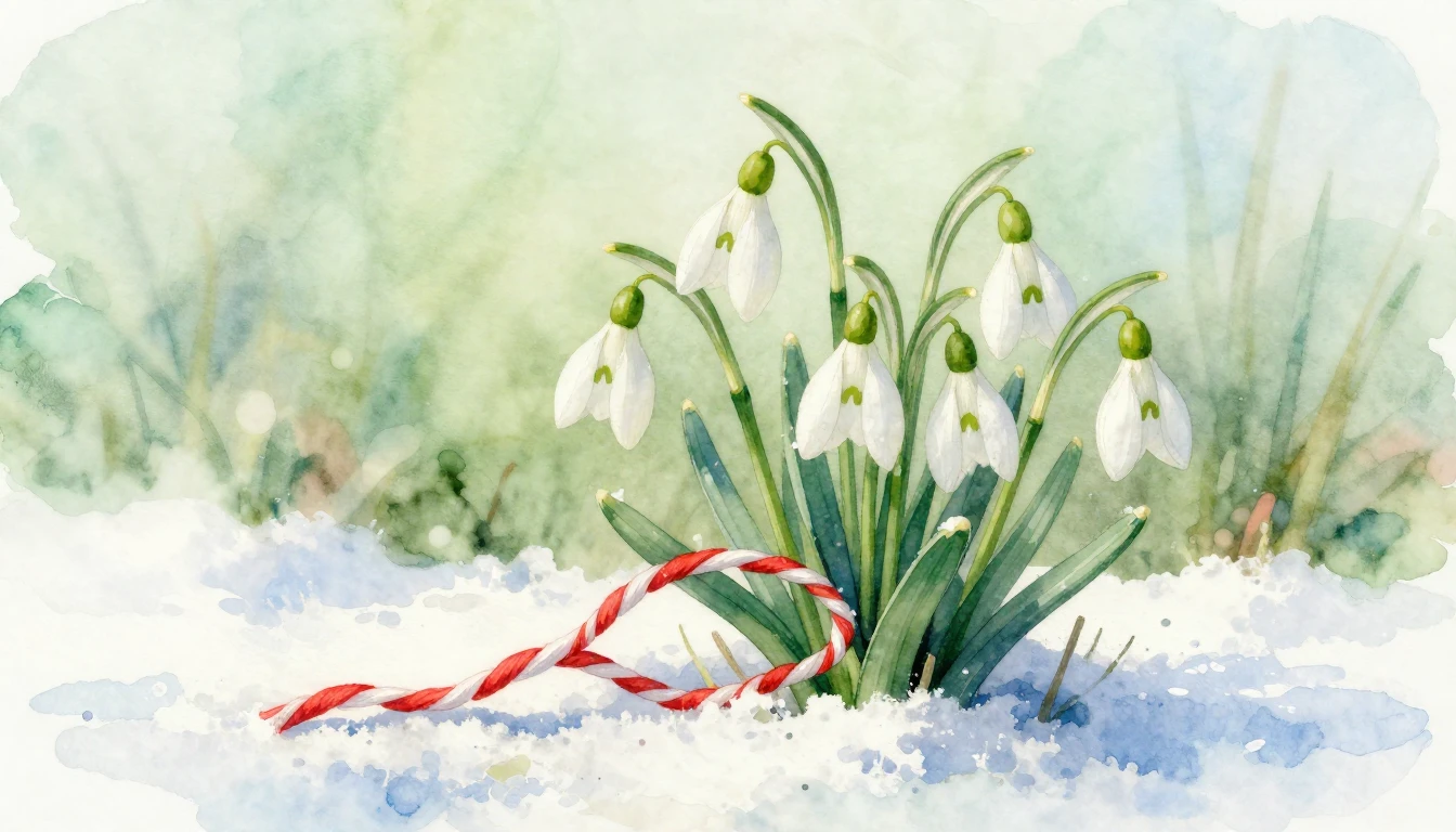A delicate watercolor painting representing the Mărțișor tra...