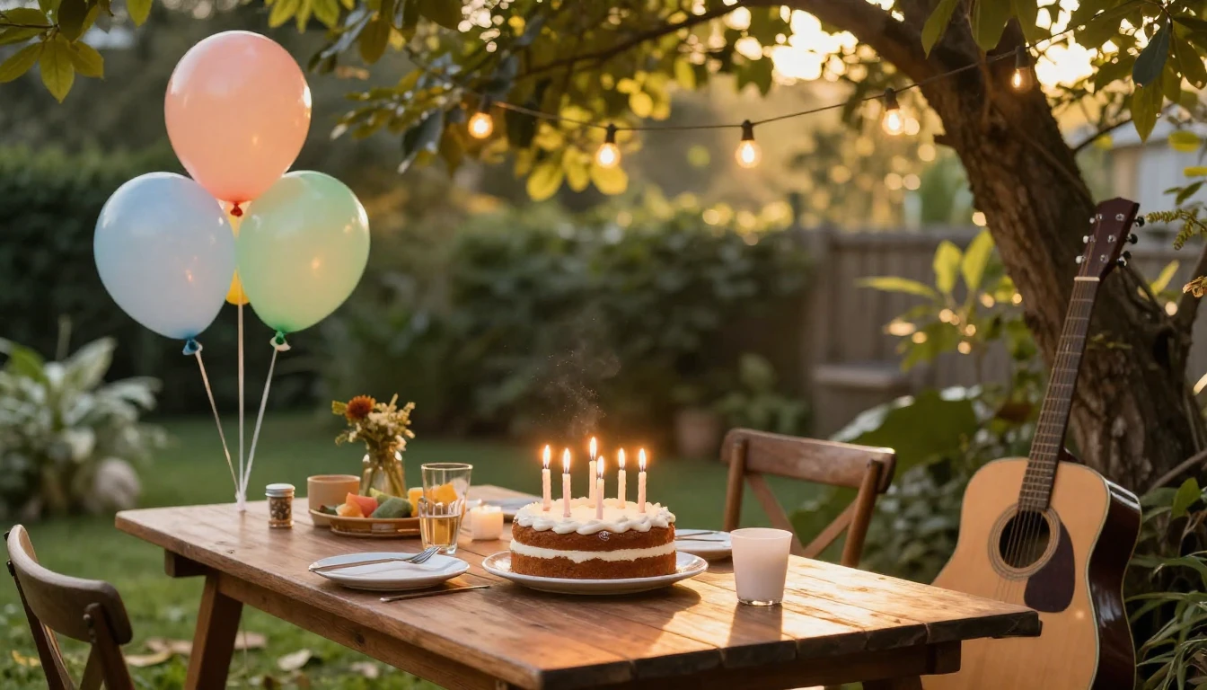 A warm and inviting birthday celebration scene in a garden, ...