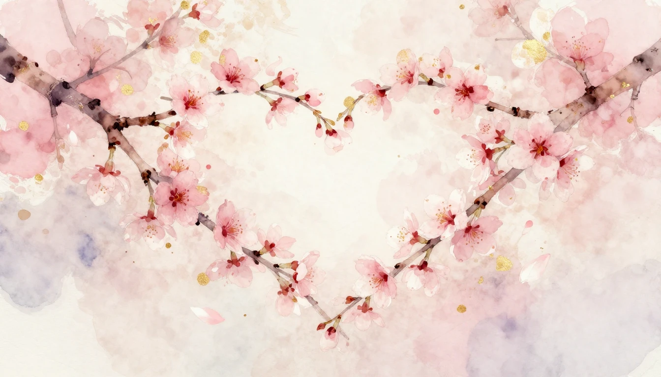 A delicate watercolor painting of two intertwined cherry blo...