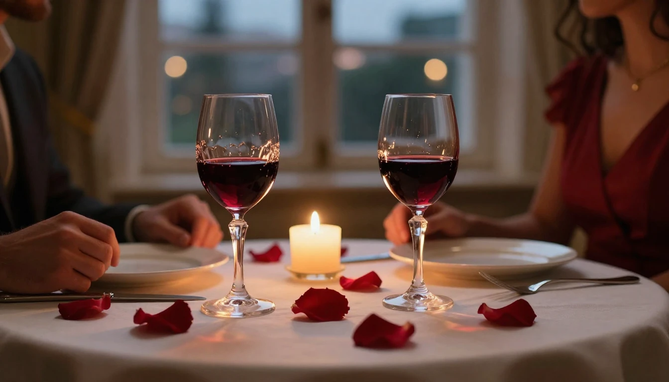 A close-up shot of a beautifully set dinner table for two in...