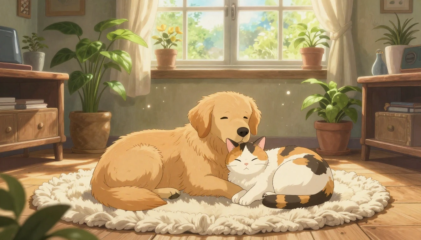 A cozy, sun-drenched living room in a charming Ghibli-inspir...