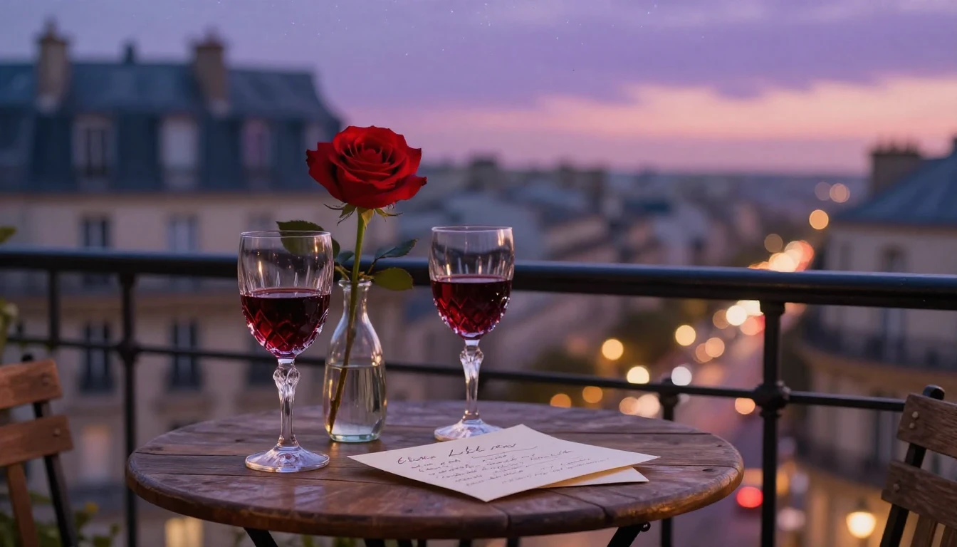 A highly romantic and intimate scene set on a small balcony ...
