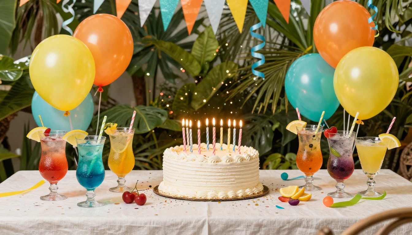 A vibrant and festive birthday scene in a tropical setting. ...