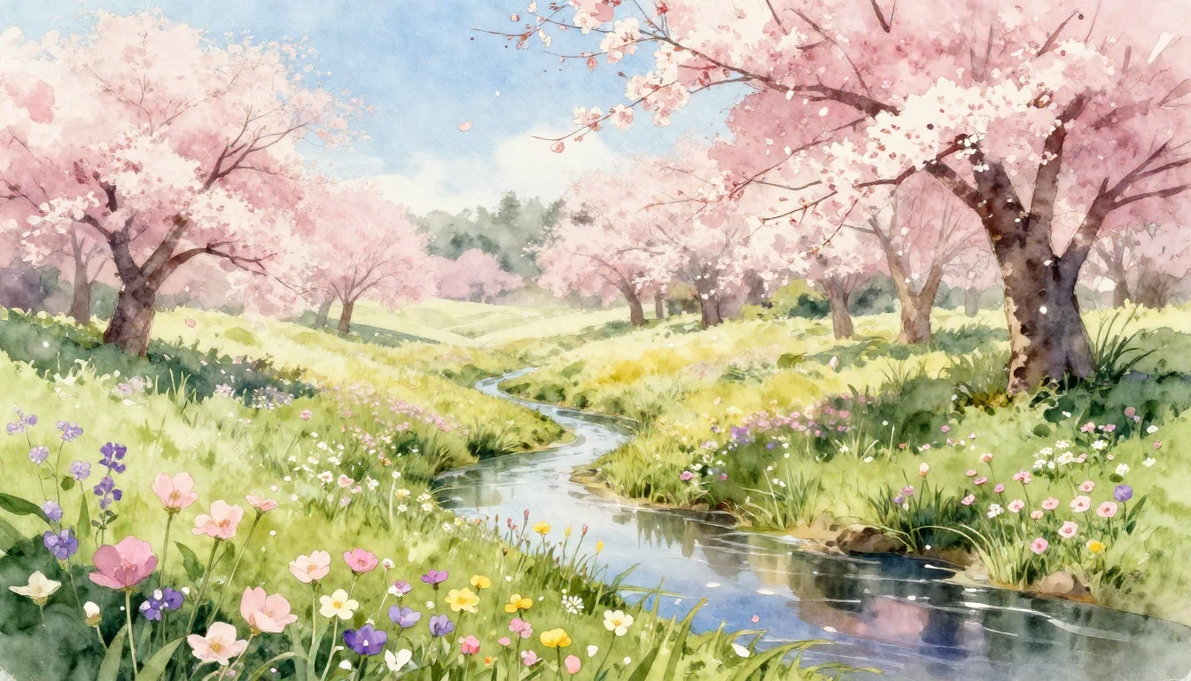 A beautiful watercolor painting of a lush spring meadow fill...