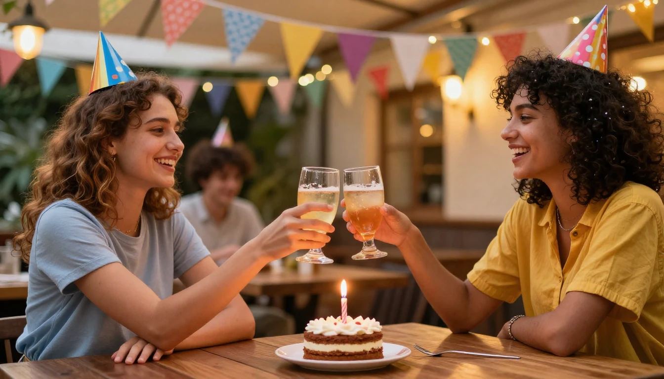 A vibrant and cheerful birthday party scene. Two friends cli...