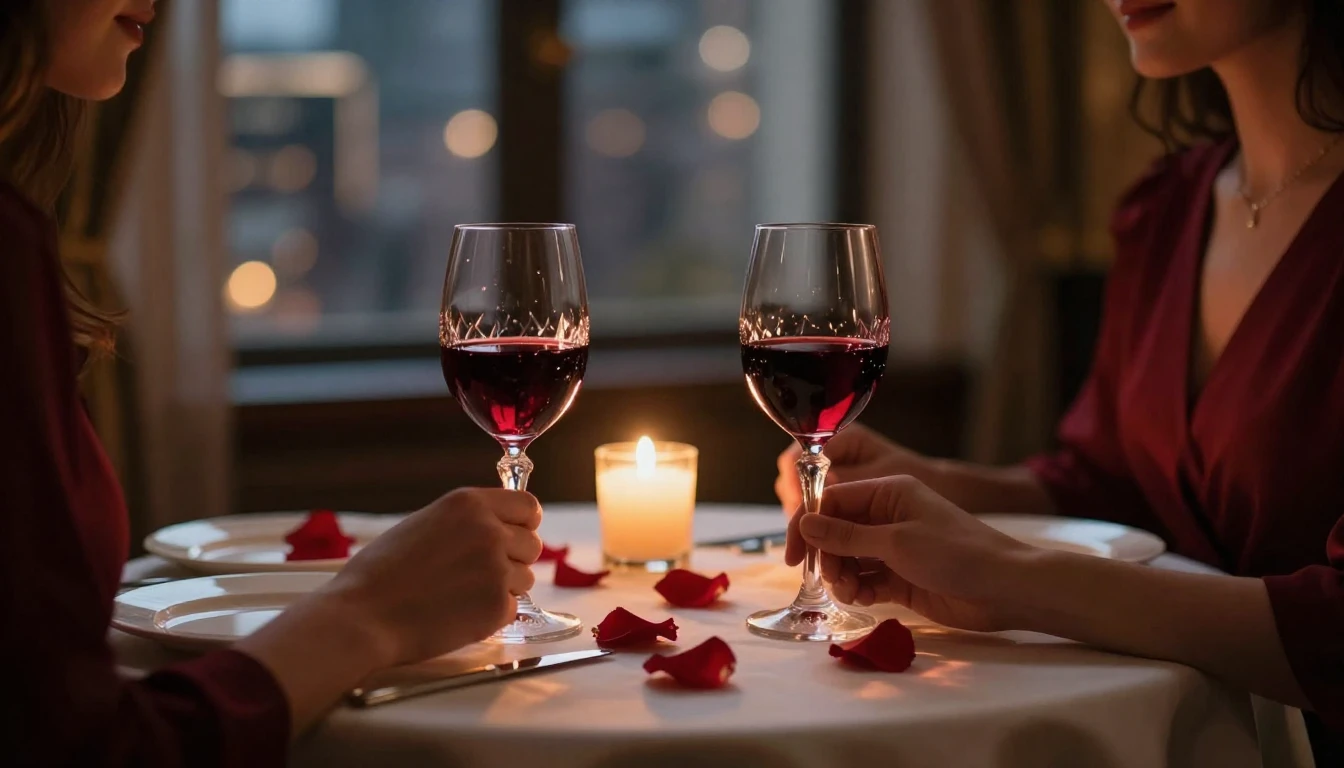 A close-up of a beautifully set dinner table for two in a di...