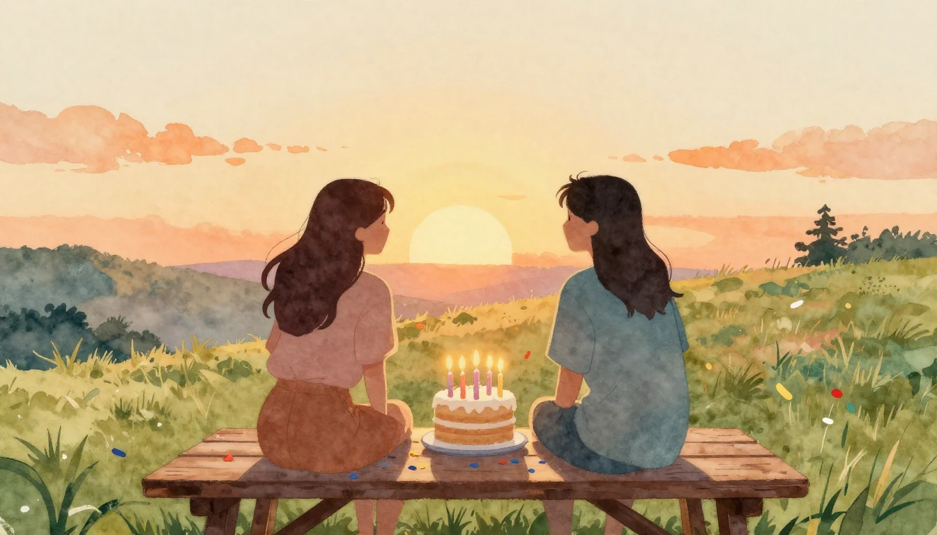 A warm and nostalgic watercolor painting featuring two silho...