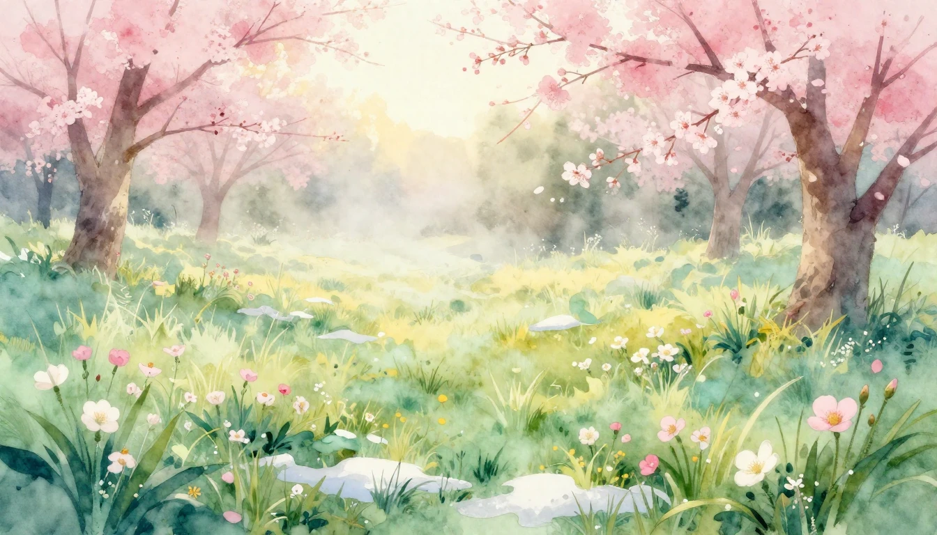 A beautiful watercolor painting of a lush meadow at dawn dur...