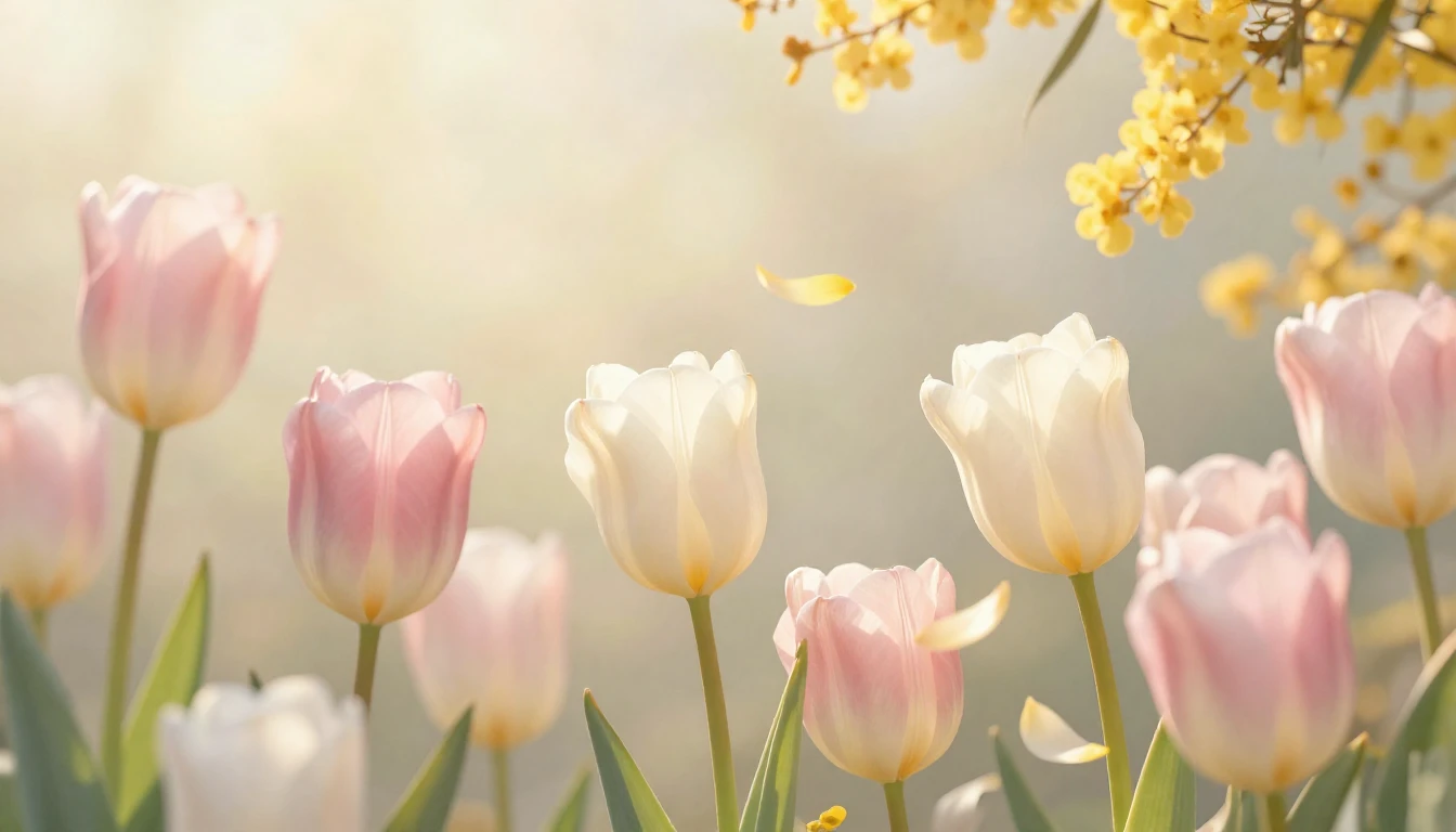 An artistic and serene visual of blooming tulips and mimosas...