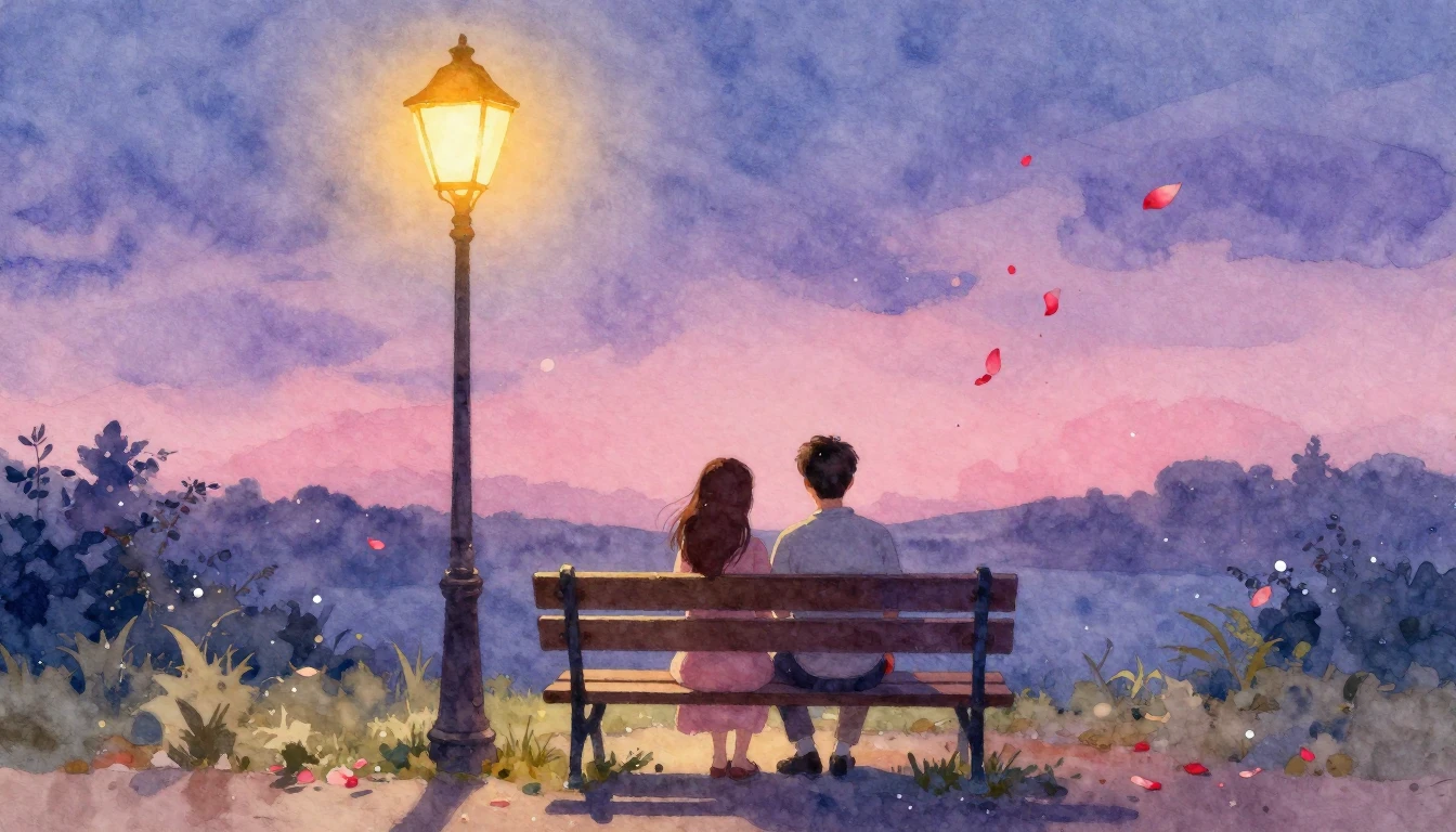 A soft, dreamy watercolor painting of a couple sitting on a ...