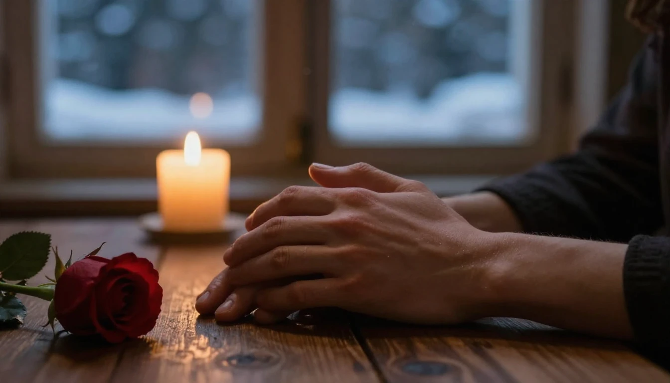 A cinematic close-up shot of two hands gently holding each o...