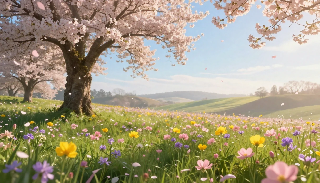 A lush, vibrant meadow at dawn, overflowing with blooming wi...