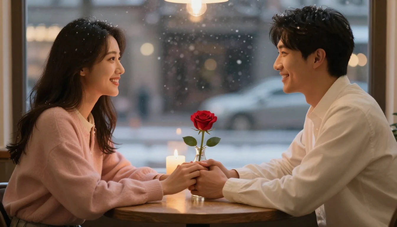 A romantic and dreamy scene featuring a couple holding hands...