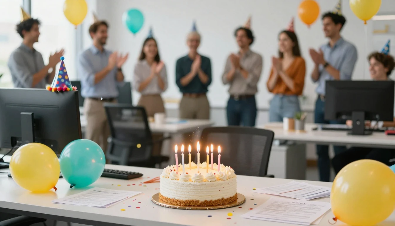 A festive office birthday celebration scene. A delicious bir...