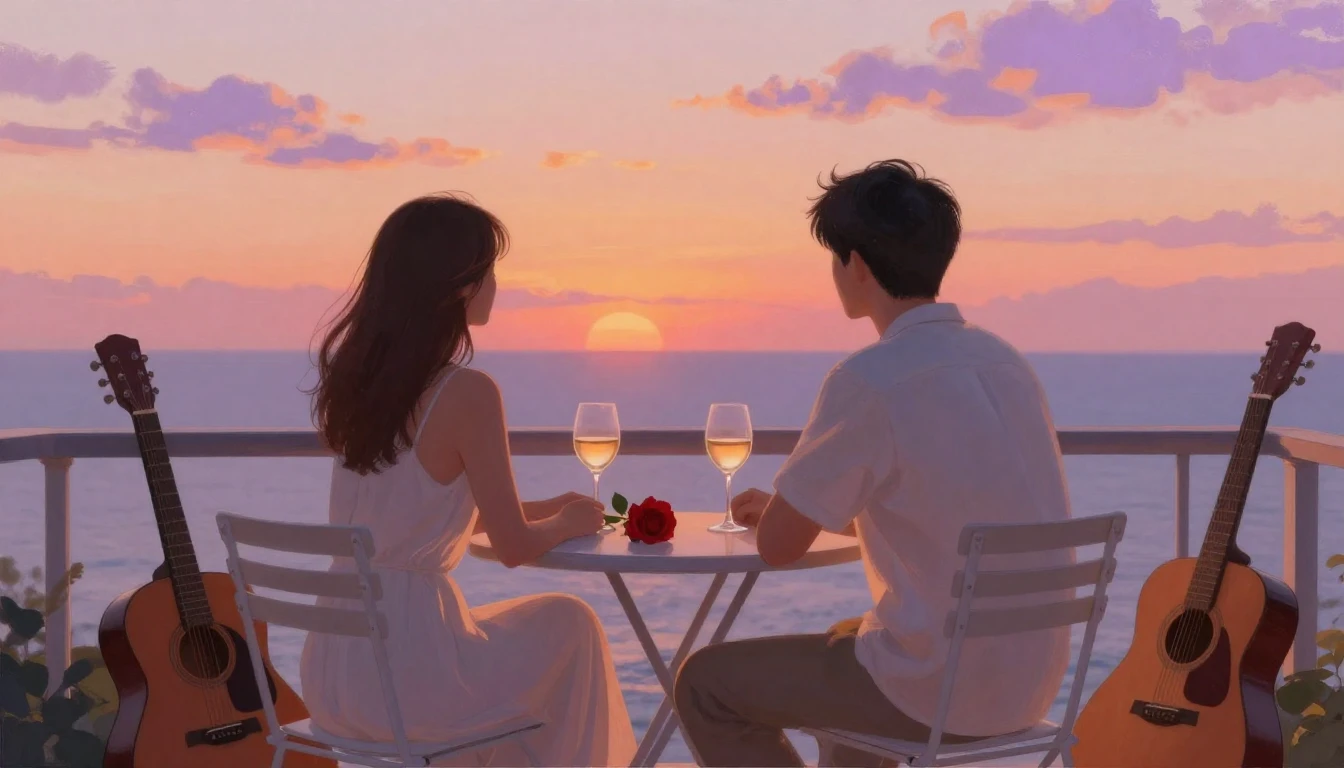 A romantic scene featuring a couple sitting on a balcony ove...