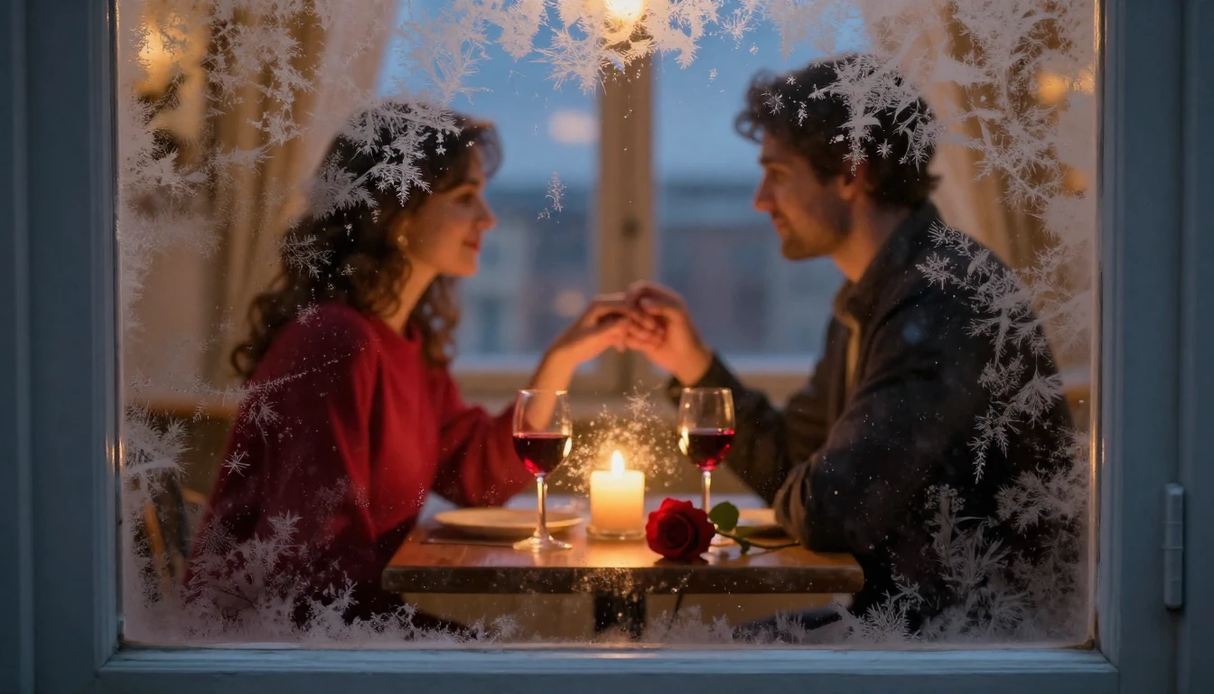 A romantic and cozy interior scene viewed through a window p...