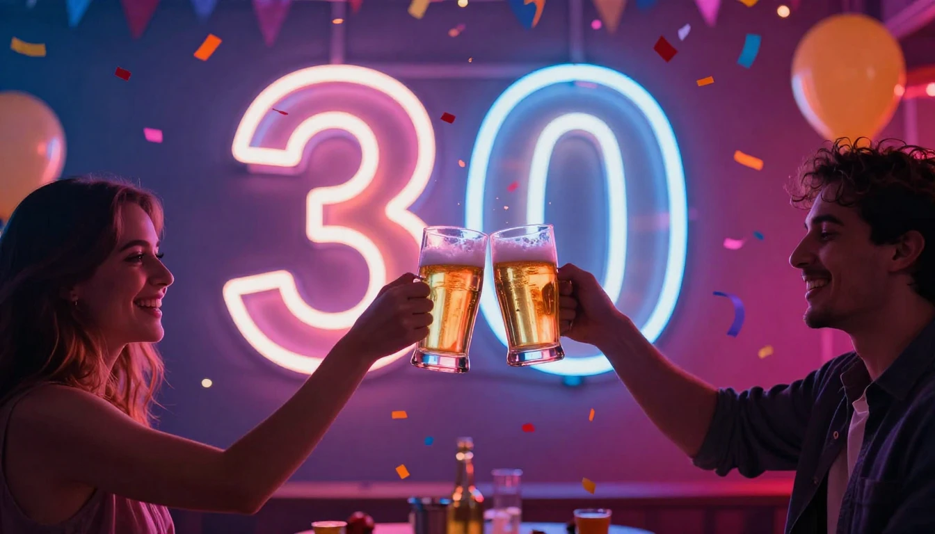 A vibrant and energetic party scene celebrating a 30th birth...