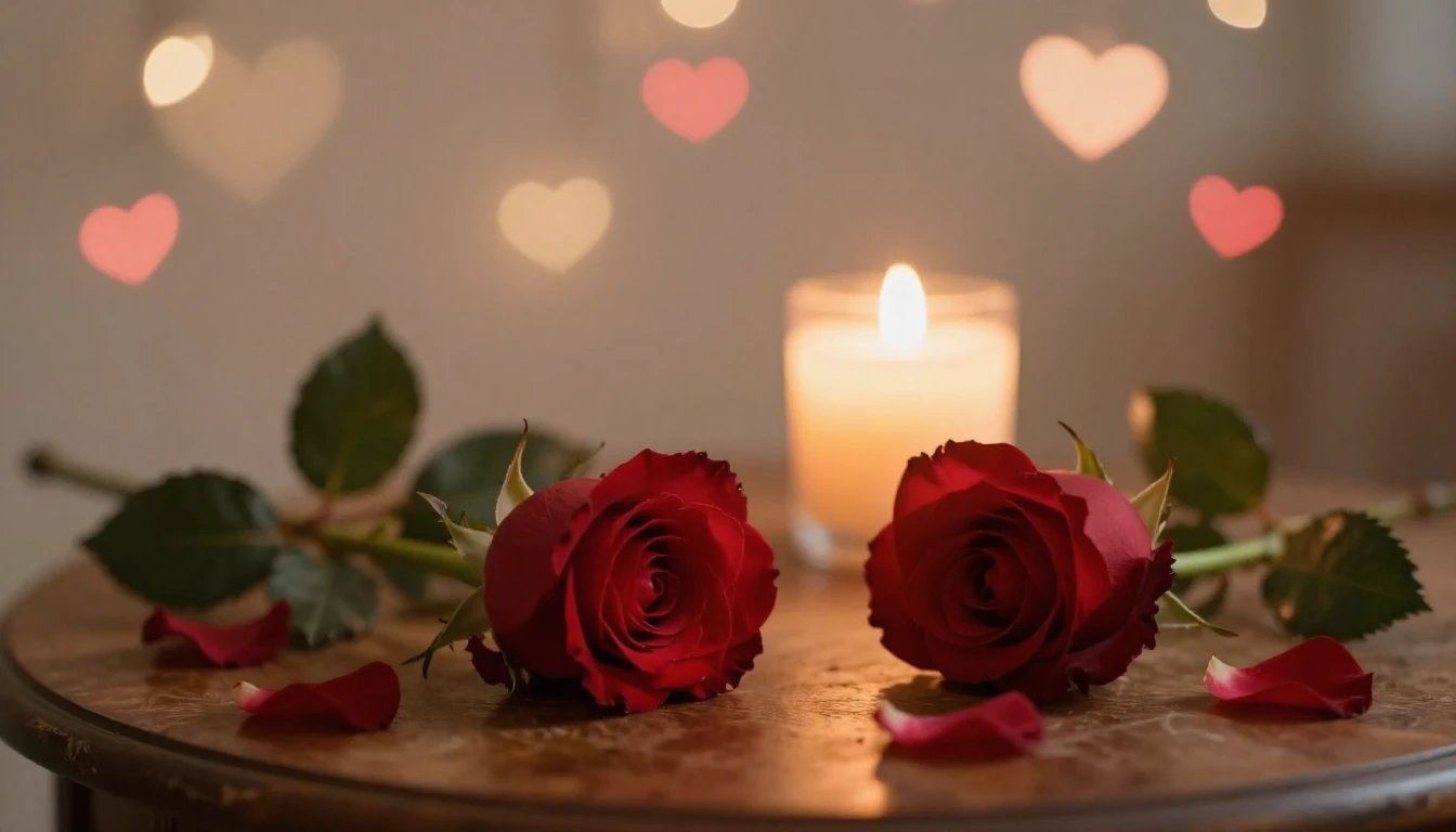 A soft and ethereal scene featuring two delicate red roses l...