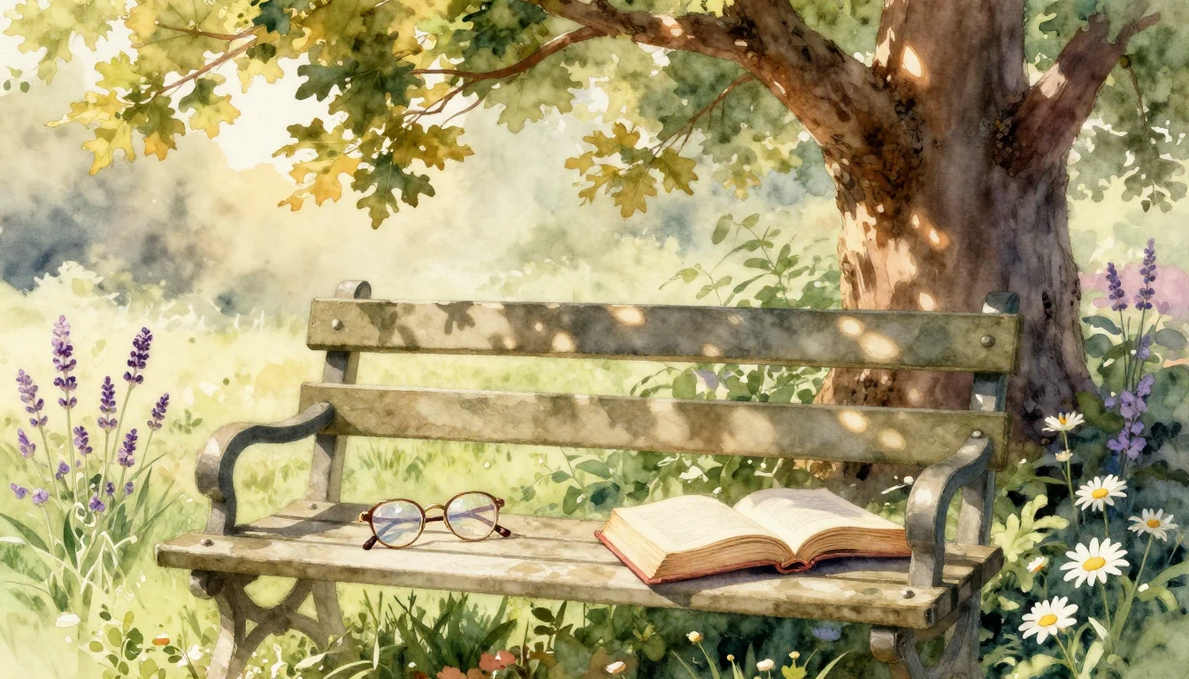 A serene watercolor painting of a sun-drenched garden bench ...