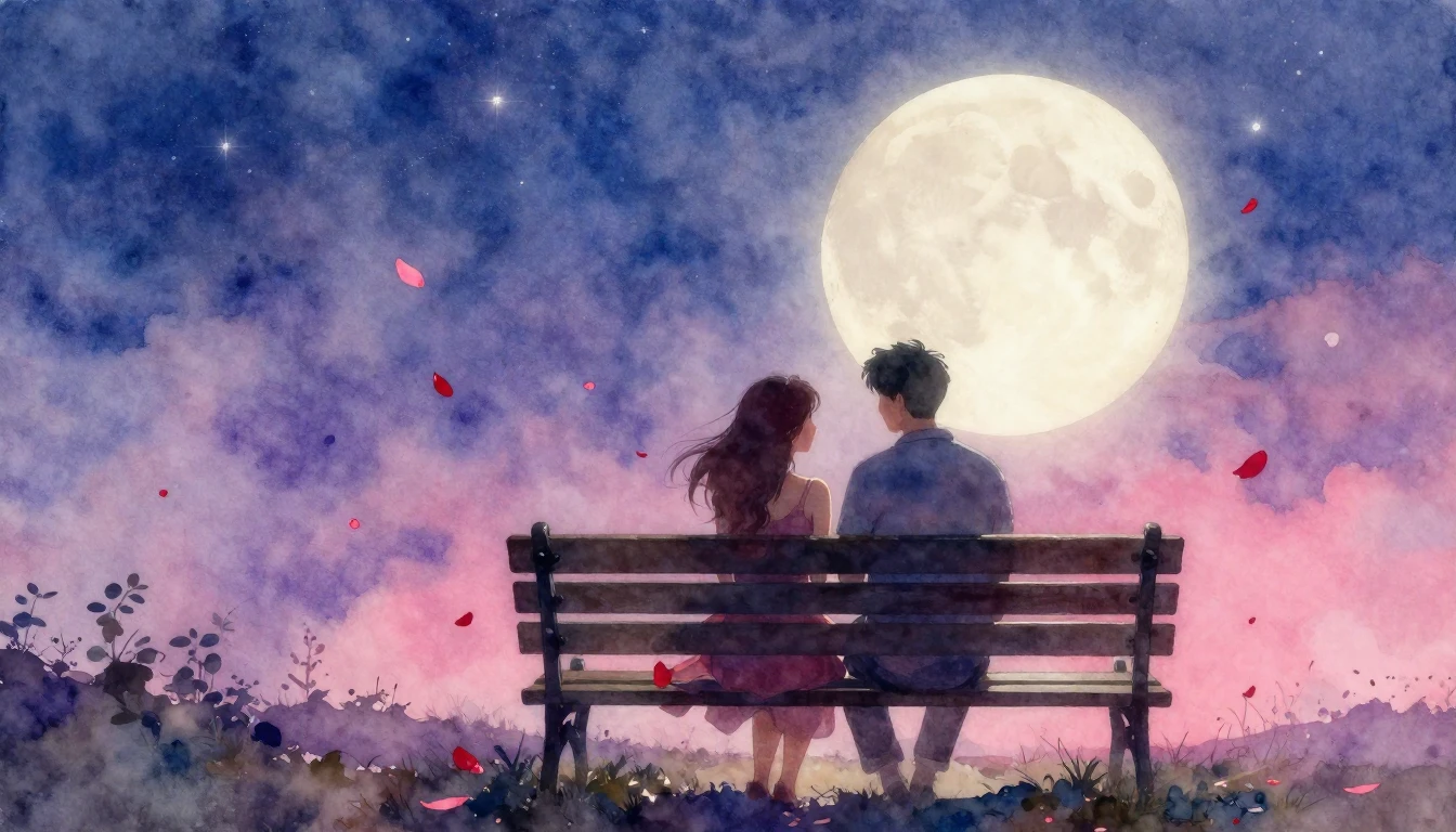 A romantic and dreamy watercolor painting depicting a couple...