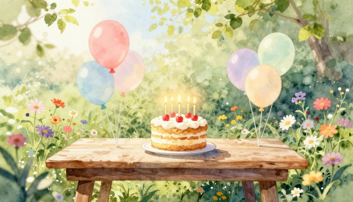 A bright and cheerful watercolor painting depicting a rustic...