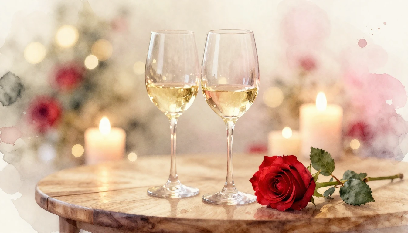 A dreamy watercolor painting of two elegant wine glasses sit...